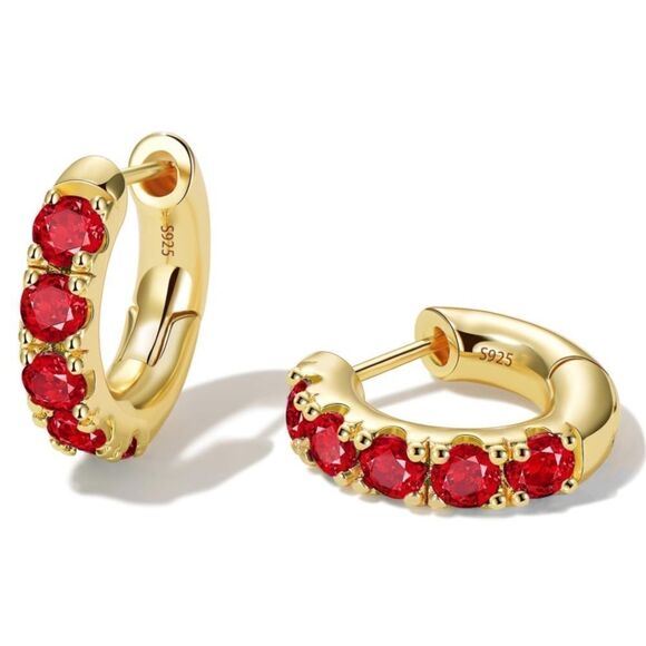 BijouStudios Earrings Jewelry - 14K Yellow Gold 925 Sterling Silver with Ruby Red Cubic Zirconia Huggie Earrings